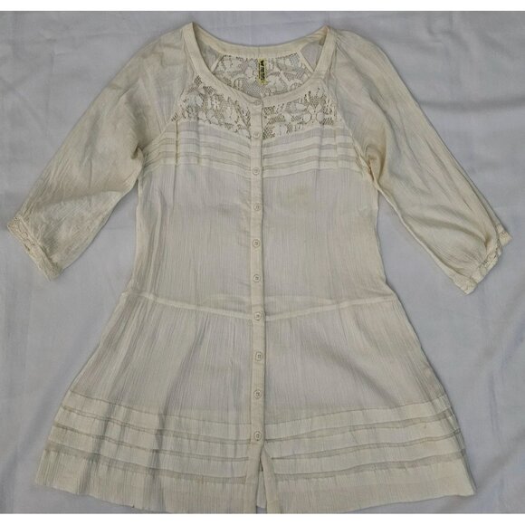 Free People Cream Lace Trim Button Front 3/4 Sleeve Tunic Dress Women's Small - Picture 3 of 14
